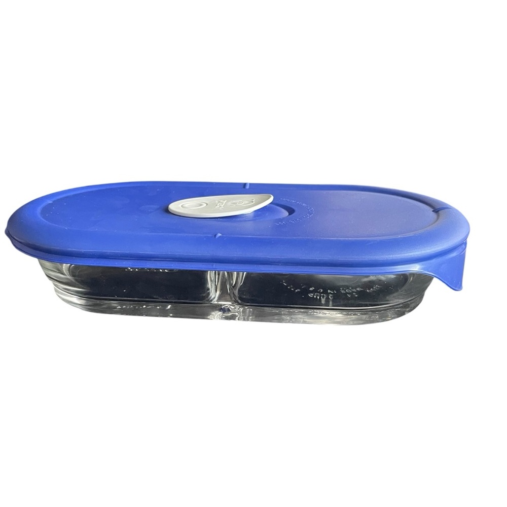 PYREX Glass Divided Dish with Blue Vented Lid 2 Cup Vintage Oval Style 8300